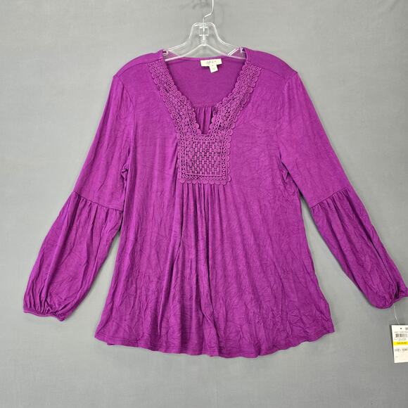 Style & Co Purple Shirt NEW Stretch Lace V-Neck Long Sleeves Top Women's Size M - Picture 2 of 11